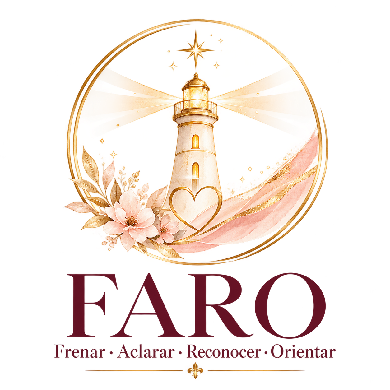 FARO: Frenar, Aclarar, Reconocer y Orientar. Faro dorado con flores y corazón.